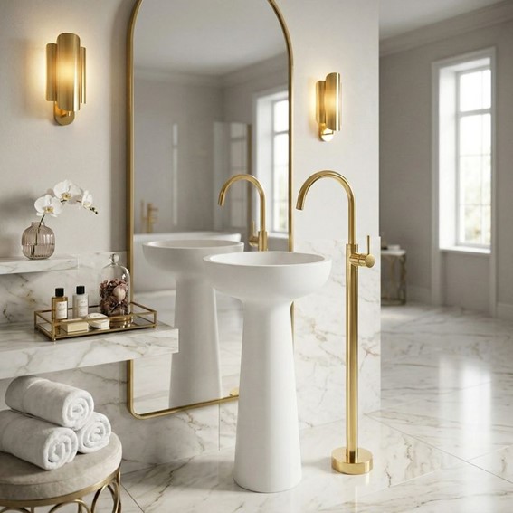 Bateria Umywalkowa Podłogowa LUNGO Złoty