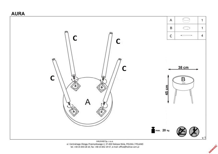 Ława AURA fi38 Czarny/Biały