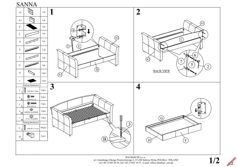 SANNA łóżko dwuosobowe z wysuwanym dolnym mat