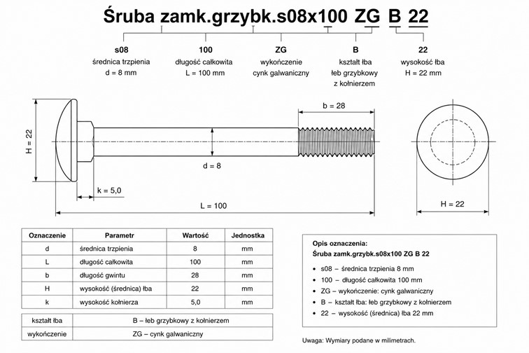 Śruba Zamkowa Grzybkowa 8x100 1 kg Chrom