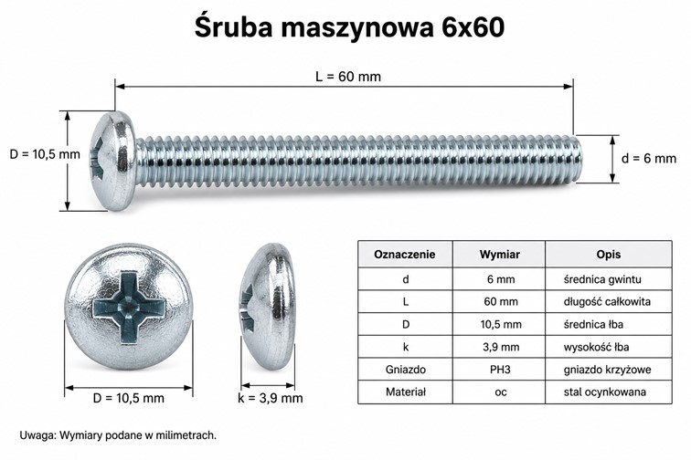 Śruba maszynowa 6x60 1kg Chrom
