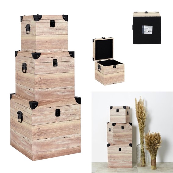 Zestaw 3 Skrzynek do Przechowywania z Efektem Drewna