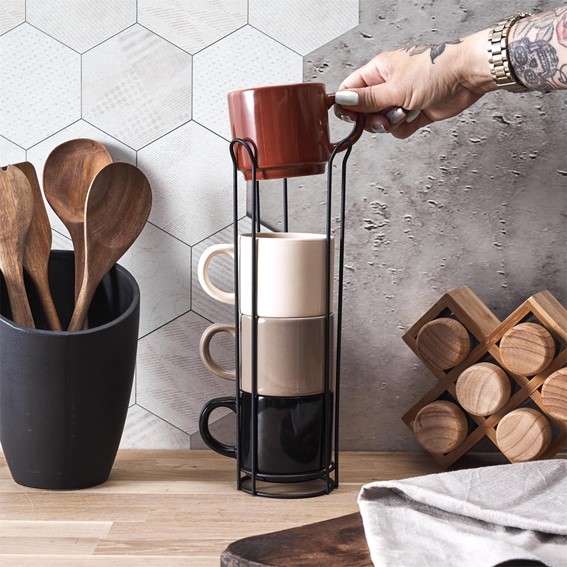 Zestaw 4 Kubków Japandi na Stojaku