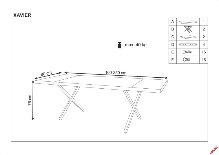 Stół Rozkładany XAVIER (250-160)x90 Jasny Dąb/Czarny