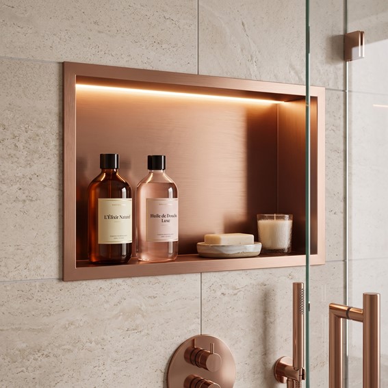 Półka Łazienkowa Wnękowa LED 30x45cm Miedź Szczotkowana