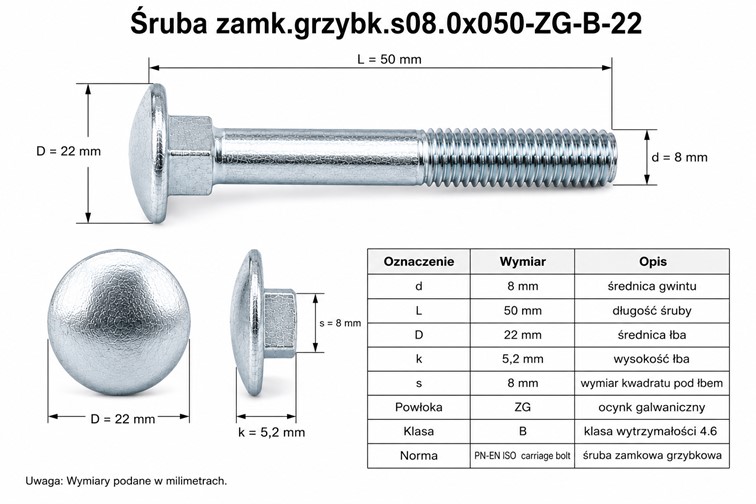 Śruba Zamkowa s08.0x050-ZG-B-22 1kg Chrom