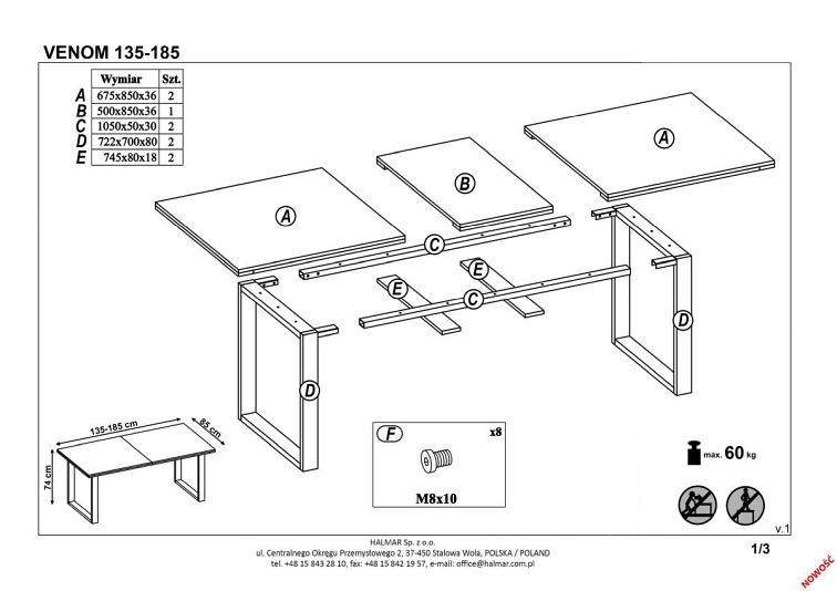 Stół Rozkładany VENOM (135-185)x85 Dąb/Czarny