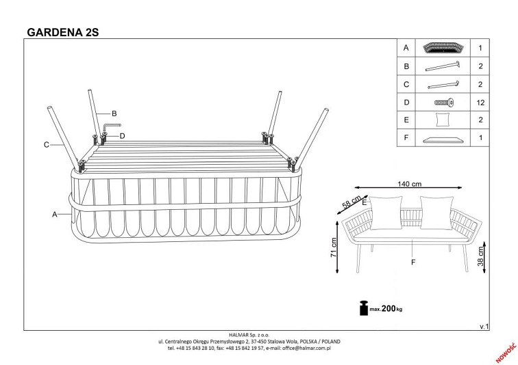 Fotel Ogrodowy GARDENA 2S Podwójny Czarny/Naturalny