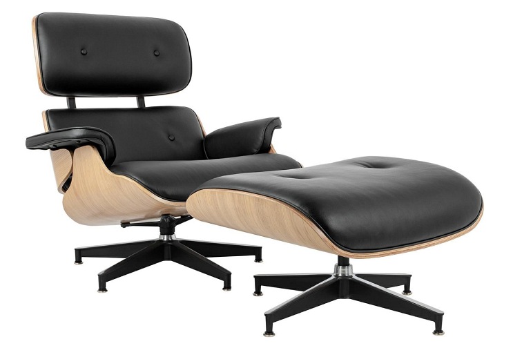 Fotel LOUNGE HM PREMIUM SZEROKI z podnóżkiem czarny - sklejka jesion, skóra naturalna