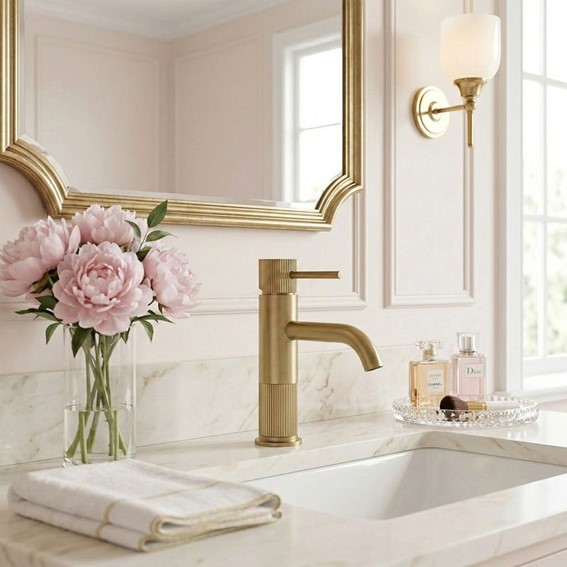 Bateria Umywalkowa Niska LUNGO STRIPE Złoty Szczotkowany