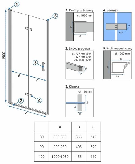 Drzwi Prysznicowe MOLIER 80 Chrom