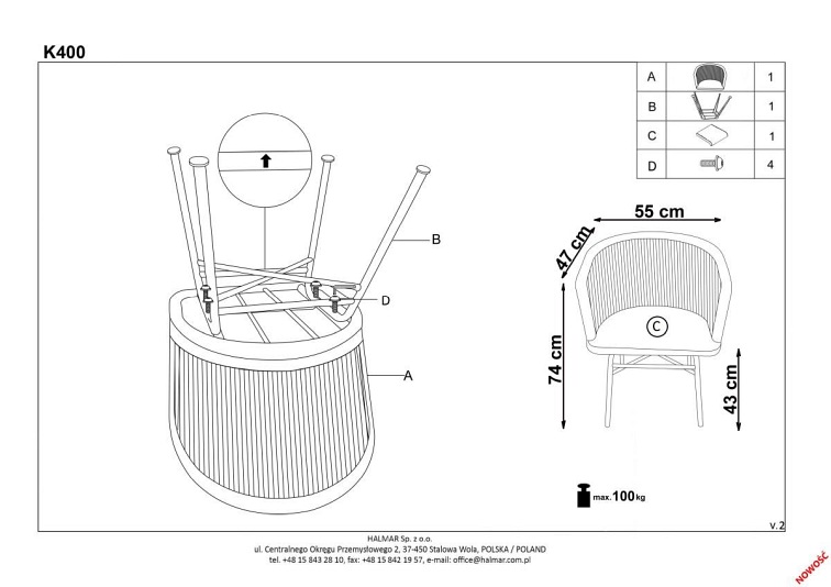 Krzesło Ogrodowe K400 Czarny/Naturalny/Popielaty