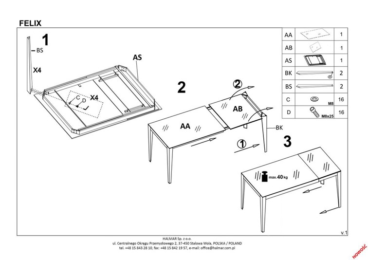Stół Rozkładany FELIX (141-201)x81cm Biały Marmur/Czarny