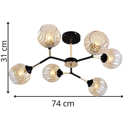 Żyrandol BRIANA 6 Czarny/Złoty/Miodowy/Bursztynowy