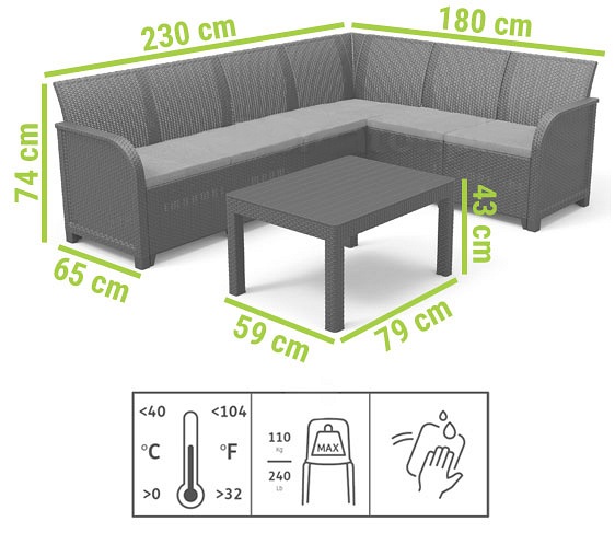 Narożnik Ogrodowy ze Stolikiem Rosalie 6-Osobowy Grafit