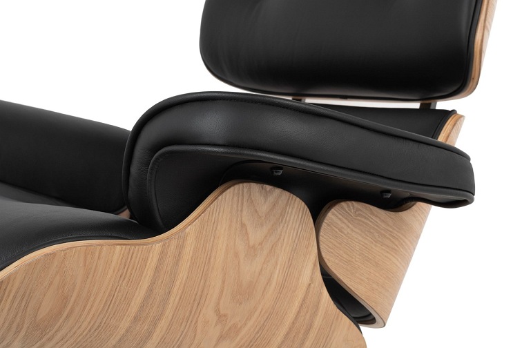 Fotel LOUNGE HM PREMIUM SZEROKI z podnóżkiem czarny - sklejka jesion, skóra naturalna