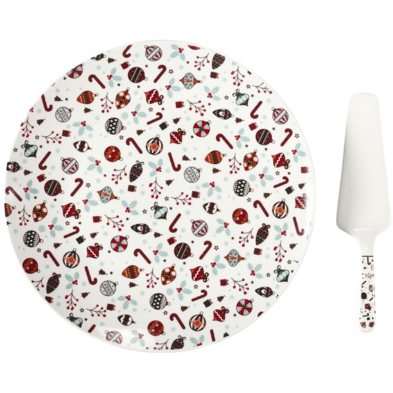 Talerz na Ciasto z Łopatką Świąteczny 30cm Biały