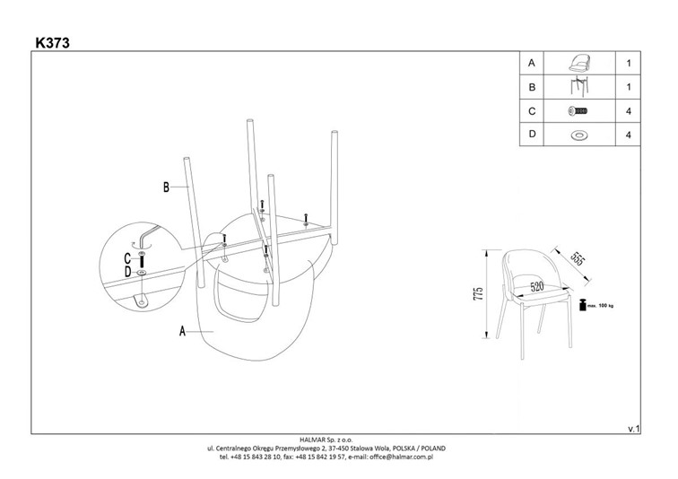 Zestaw 4x Krzesło K373 Czarny/Popielaty