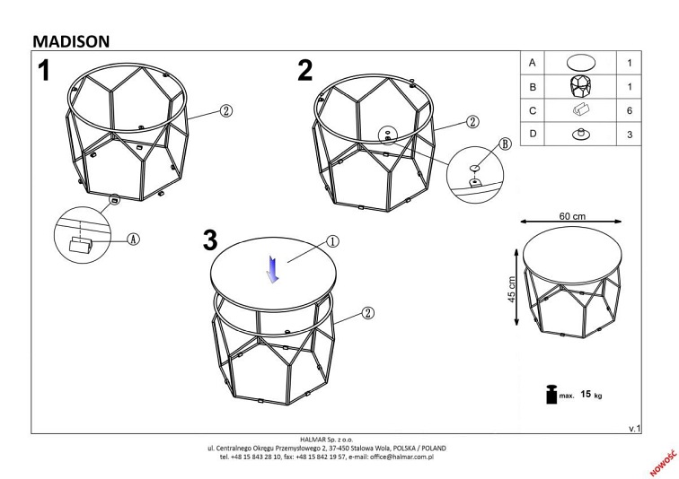 Ława MADISON fi60 Złoty/Marmur