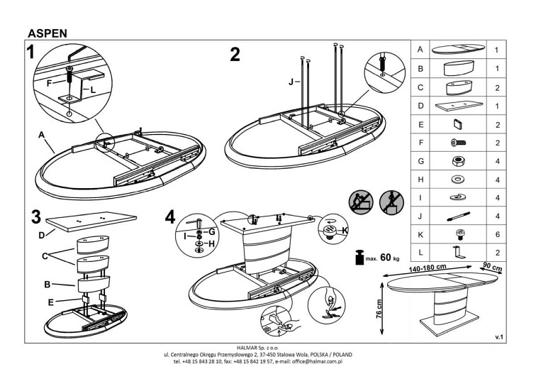Stół Rozkładany ASPEN (140-180)x90 Biały
