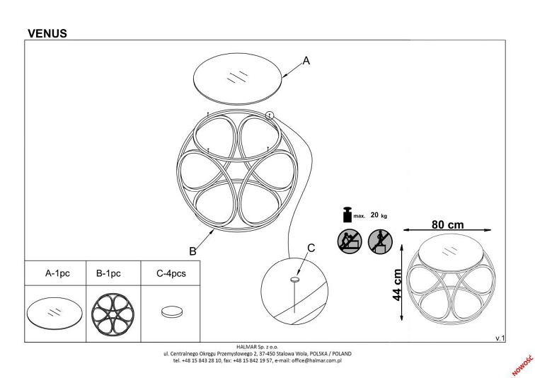 Ława VENUS fi80 Srebrny/Dymiony
