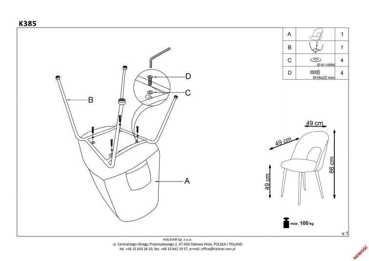 Krzesło K385 Złoty/Jasny Różowy