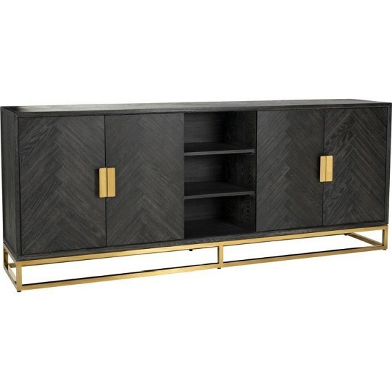 Komoda BLACKBONE GOLD - 4 drzwiowa, 3 otwarte półki Czarny/Złoty