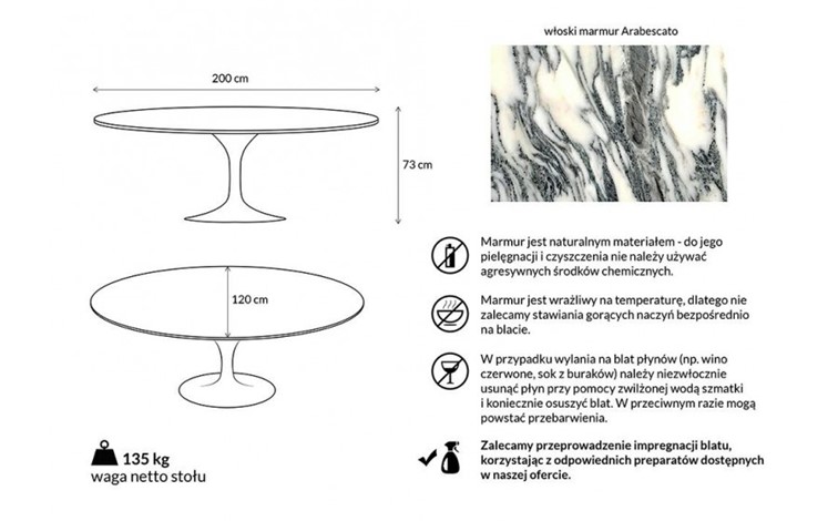 Stół TULIP ELLIPSE Biały/Marmur