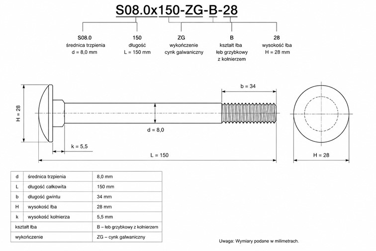 Śruba Zamkowa s08.0x150-ZG-B-28 1kg Chrom