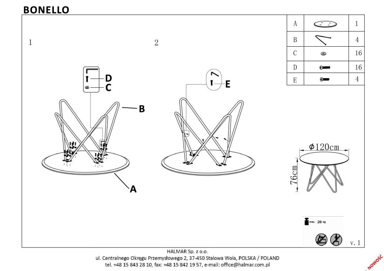 Stół BONELLO fi120 Popielaty Marmur/Złoty
