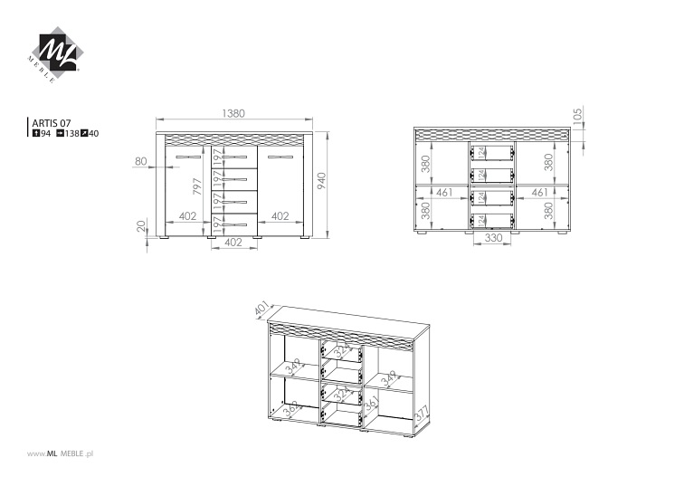 Komoda Artis 07 40x138x94 Dąb Artisan
