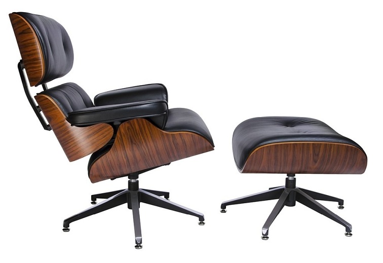 Fotel LOUNGE Czarny Z Podnóżkiem Sklejka Różana Skóra Naturalna