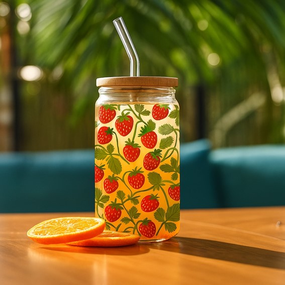 Szklanka z Pokrywką i Słomką SOLEO Poziomki