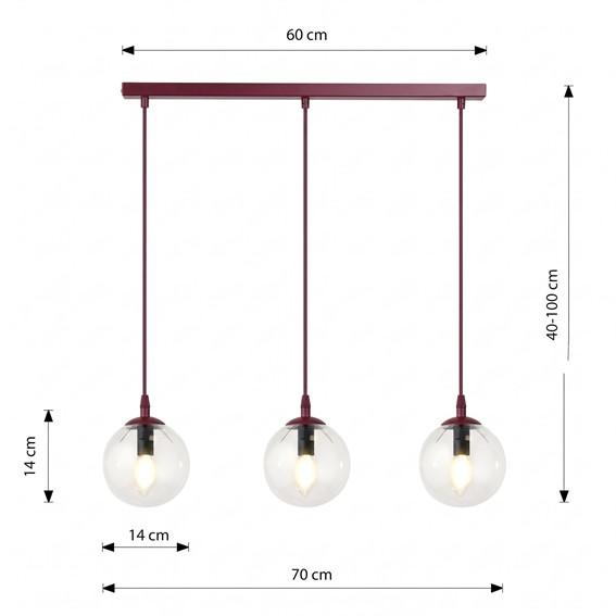 Lampa Wisząca COSMO 3 Burgundowy/Transparentny