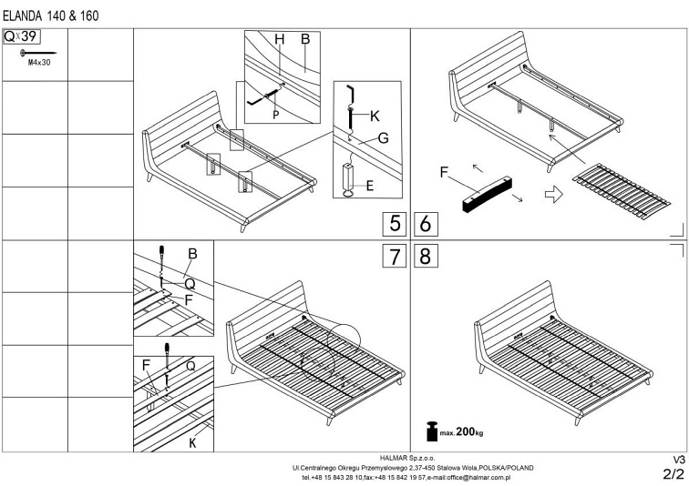 Łóżko ELANDA 160x200cm Jasny Popiel