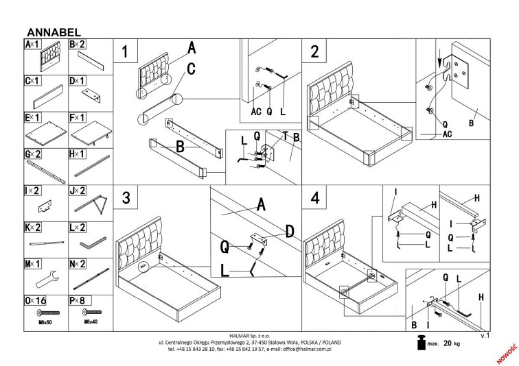ANNABEL 160 łóżko z funkcją pojemnika popiel