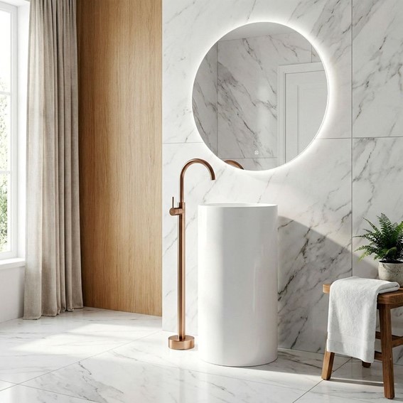 Bateria Umywalkowa Podłogowa LUNGO Miedź Szczotkowana