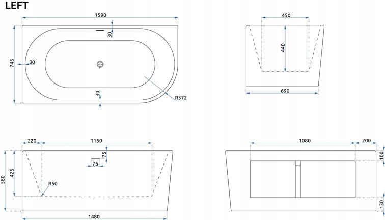Wanna Narożna BELLANTO 160 Lewa Biały