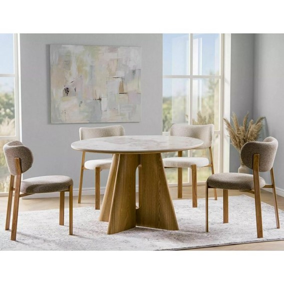 Stół ALZANO Ceramic Fi120cm Biały Połysk/Dąb