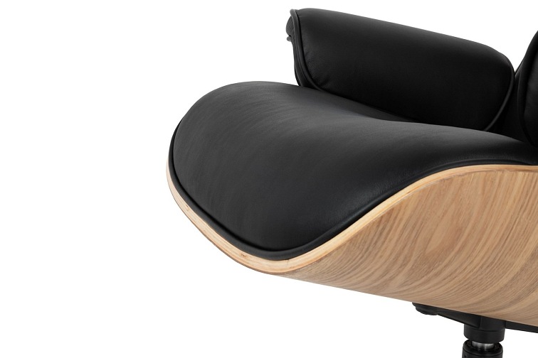 Fotel LOUNGE HM PREMIUM SZEROKI z podnóżkiem czarny - sklejka jesion, skóra naturalna