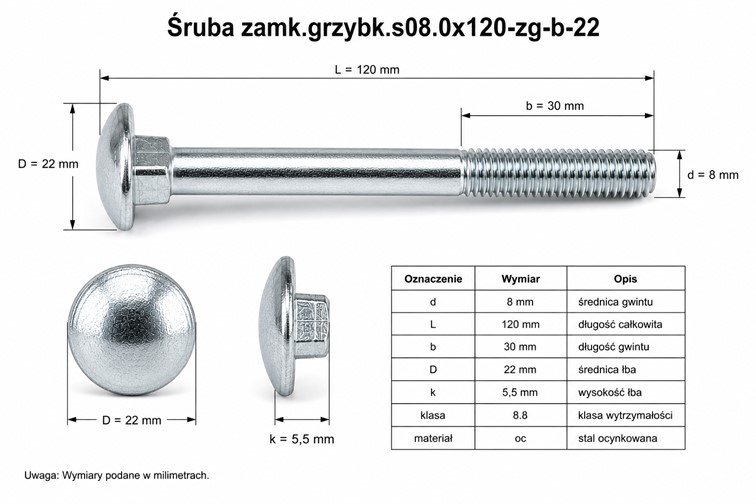 Śruba Zamkowa Grzybkowa 8x120 1 kg Chrom