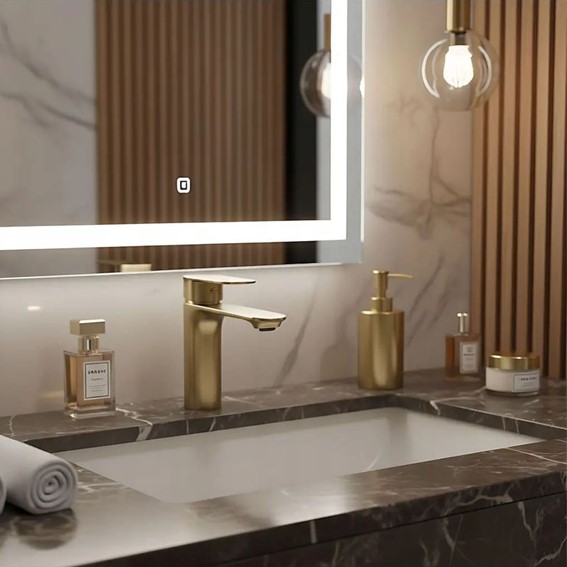 Bateria Umywalkowa Niska DROP Złoty Szczotkowany