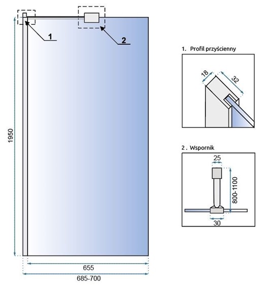 Ścianka Prysznicowa AERO "N" 70 Chrom