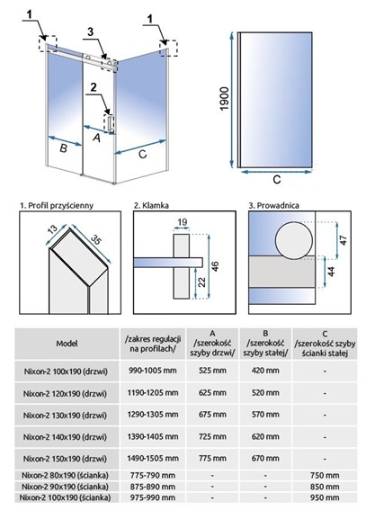 Ścianka Do Kabiny NIXON-2 80 Chrom