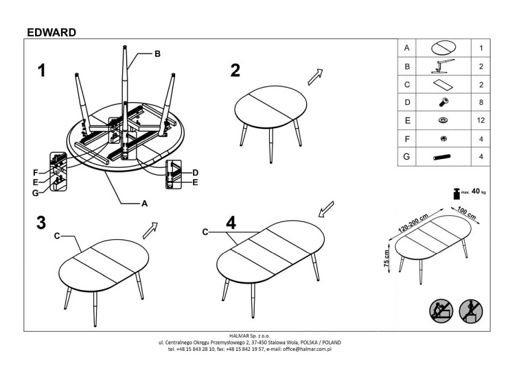 Stół Rozkładany EDWARD (120-200)x100 Dąb Miodowy/Biały