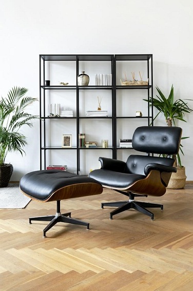 Fotel LOUNGE HM PREMIUM SZEROKI Z Podnóżkiem Czarny Skóra Naturalna