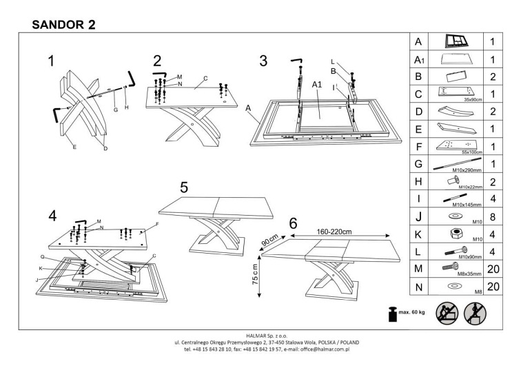 Stół Rozkładany SANDOR 2 (160-220)x90 Popiel