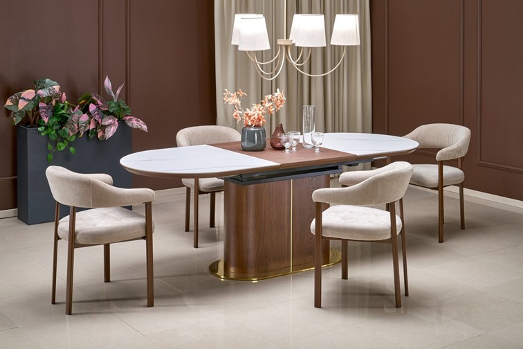 Stół Rozkładany GIBSON (160-220)x90 Biały Marmur/Orzechowy/Złoty