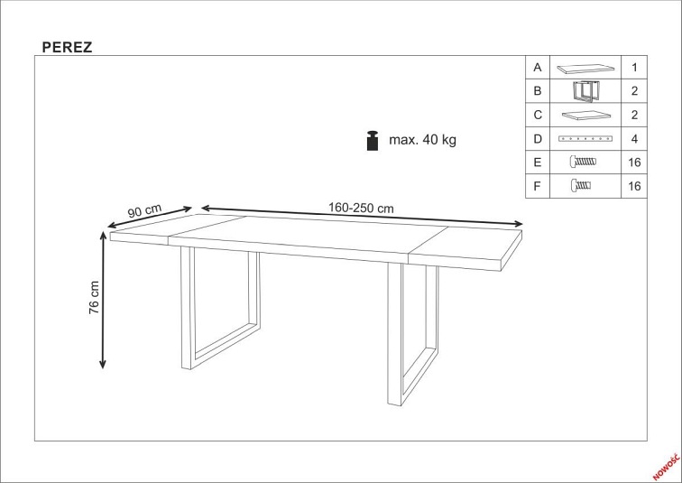 Stół Rozkładany PEREZ (250-160)x90 Lite Drewno/Czarny