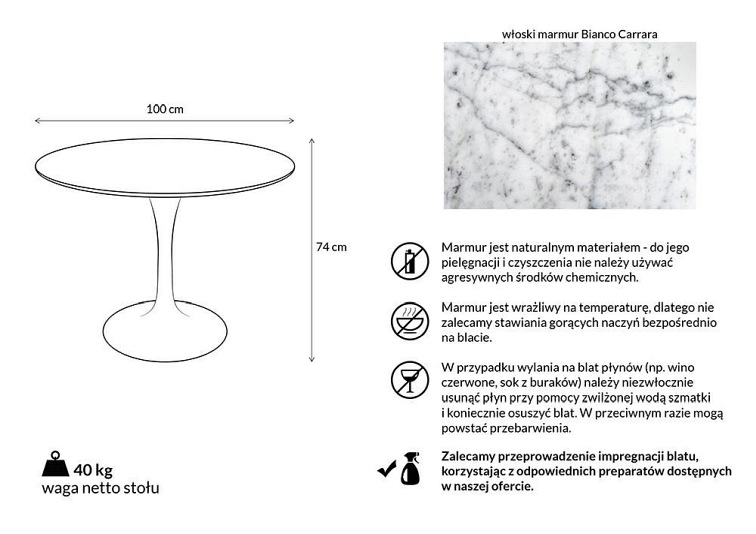 Stół TULIP MARBLE 100x74cm Biały